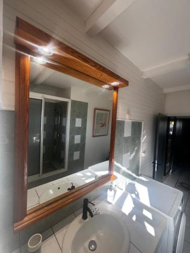 a bathroom with a sink and a large mirror at La Caze Vital in Saint-Joseph