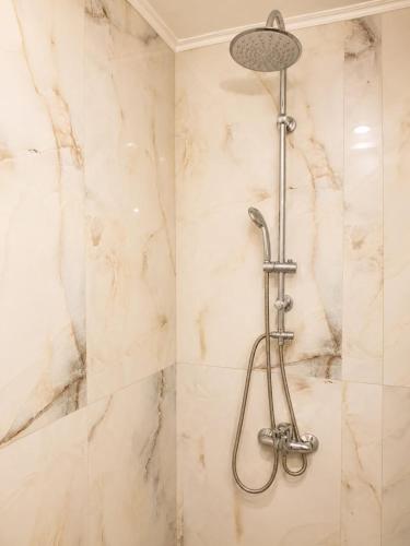 a shower in a bathroom with marble walls at Mikel's Village House in Káto Garoúna