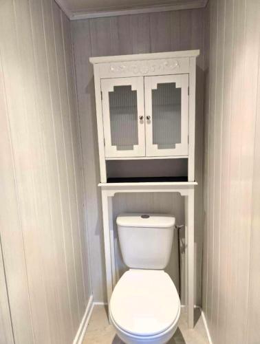 a bathroom with a white toilet and a cabinet at Le Chalet Spa Piscine in Rimbach-près-Masevaux