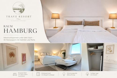 a collage of three pictures of a bedroom at Trave Resort Ferienhaus in Schackendorf