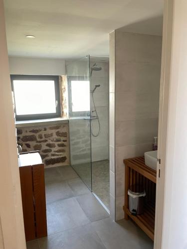 a bathroom with a glass shower and a sink at Le Coquelicot in Najac