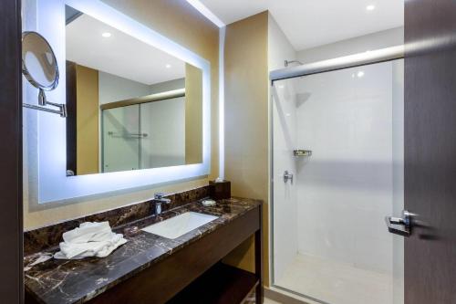 a bathroom with a sink and a shower at Wyndham Torreon in Torreón