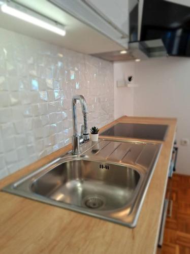 a stainless steel kitchen sink with a potted plant at Tinel Apartment Sukosan in Sukošan