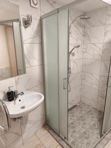 a bathroom with a shower and a sink at Babilonas in Plungė
