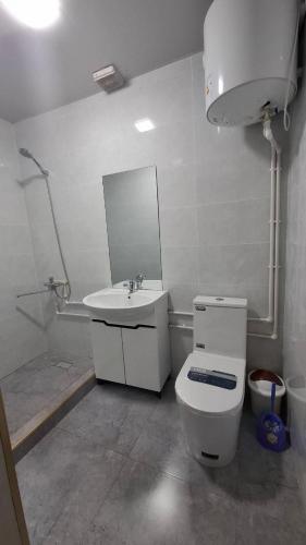 a bathroom with a toilet and a sink and a mirror at Горный уют in Burchmulla