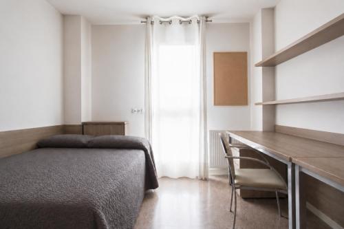 a bedroom with a bed and a desk and a window at Residencia Universitaria Resa Manuel Agud Querol in San Sebastián