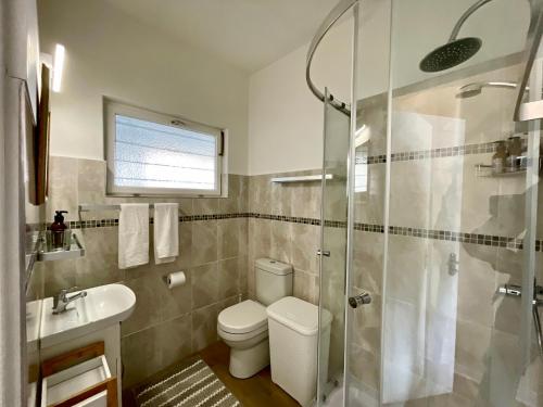 a bathroom with a shower and a toilet and a sink at Loewenhoff Seaview Suite 2 in Swakopmund