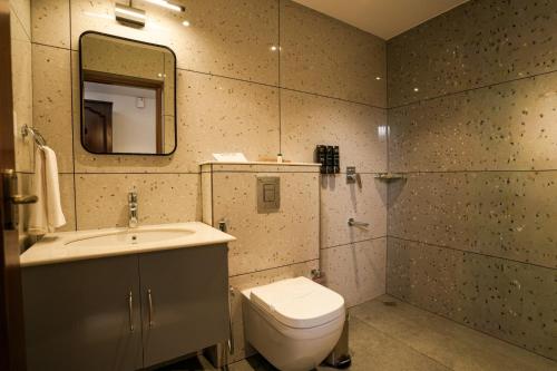 a bathroom with a toilet and a sink and a mirror at Le Mont Lagoon Home Stay in Cochin