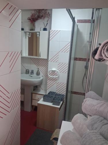 a bathroom with a sink and a shower at I Mattoni Rossi in Imperia