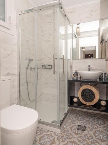 a bathroom with a shower and a toilet and a sink at Marelia Memories villa in Skaleta