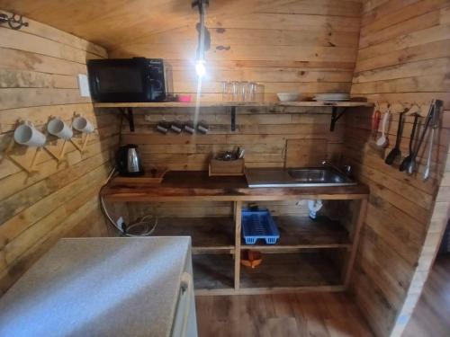 a kitchen with a sink in a wooden wall at Diamond Vault Rustic Mountain Cabins in Hogsback