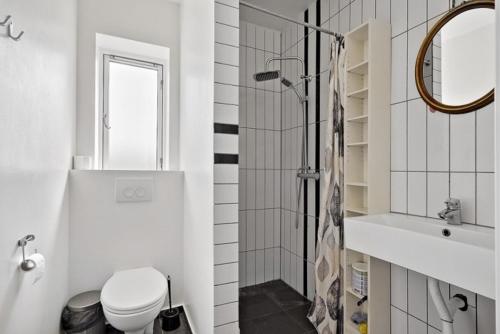a bathroom with a shower and a toilet and a sink at Green House Copenhagen in Copenhagen