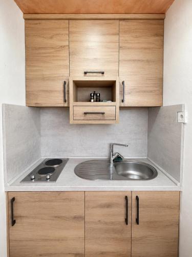 a kitchen with a sink and wooden cabinets at Gorštak in Žabljak