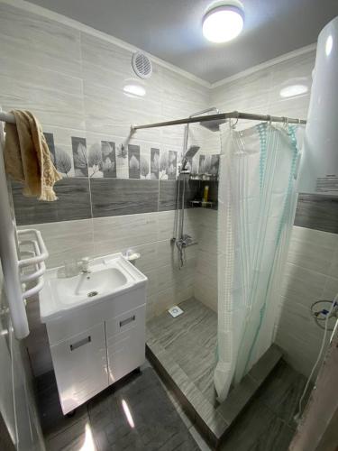 a bathroom with a sink and a shower at Syrgak in Dzhergalan