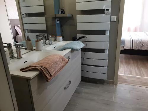 a bathroom with a sink and a mirror at Chambre Terre et Mer-Millet in Gréville-Hague