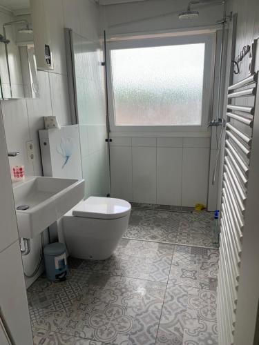 a bathroom with a toilet and a sink and a window at Haus Tun in Gummersbach