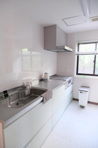 a white kitchen with a sink and a window at Villa aco's in Ako