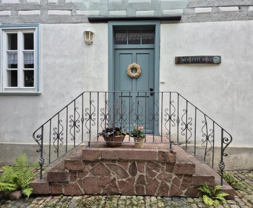 a blue door on a house with a stone stairs at Wengertshaus in Hammelburg