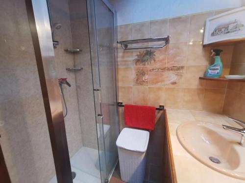 a bathroom with a shower and a toilet and a sink at Côté séranne in Saint-André-de-Buèges