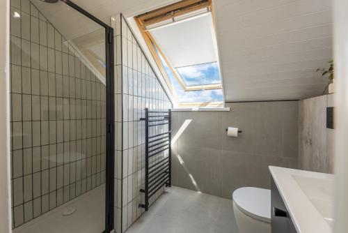 a bathroom with a toilet and a skylight at The Haybarn - Hot Tub - Free WiFi & Parking - Pets Welcome in Mousehole