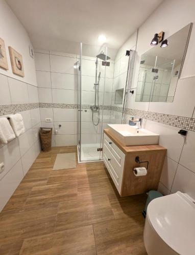 a bathroom with a shower and a sink and a toilet at Apartma AURA in Slovenske Konjice