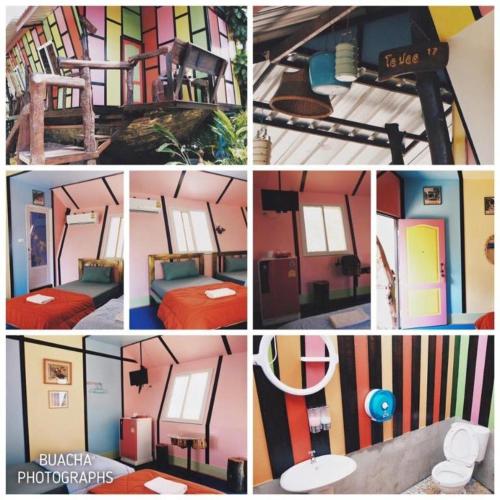 a collage of different pictures of a room with beds at Na Chan Resort in Ban Khlong Khlung (1)