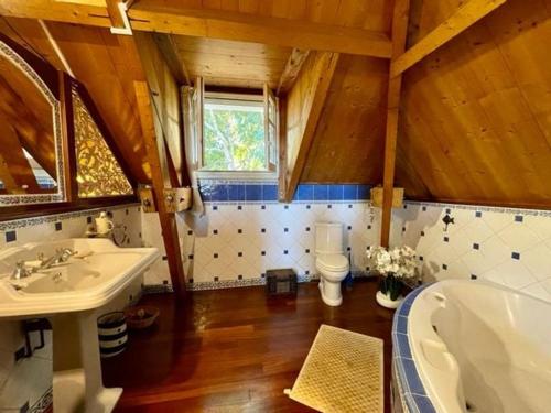 a bathroom with a sink and a tub and a toilet at La maison du Ruisseau in Saint-Louis