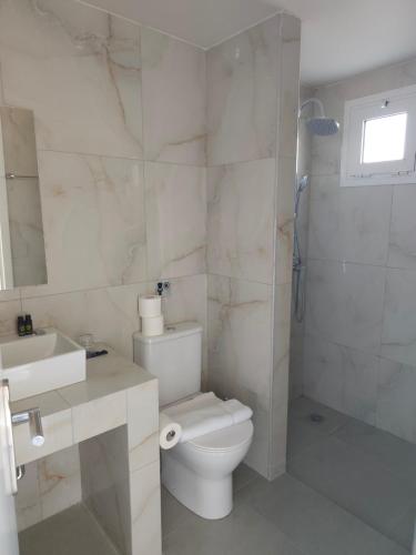 a white bathroom with a toilet and a shower at Evita Flamingo in Kos