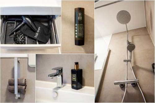 a collage of pictures of a bathroom with a microphone at Pension Malia in Fronhausen