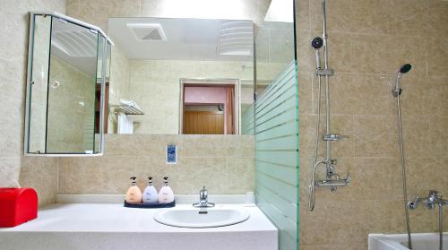 ein Badezimmer mit Waschbecken und Dusche in der Unterkunft Geoje Ocean Hotel in Geoje