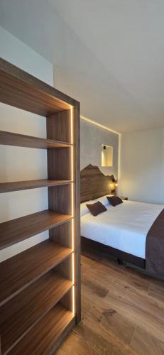 ein Schlafzimmer mit einem Bett und einem Bücherregal in der Unterkunft XIA Hotel Boutique in Rialp