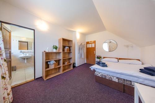 a bedroom with a bed and a sink and a mirror at Chata u kostela in Kořenov