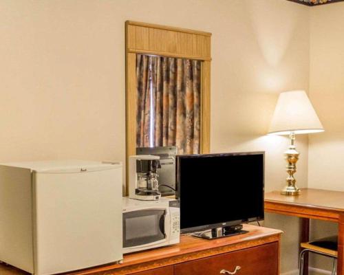 a room with a microwave and a television on a desk at Rodeway Inn Kalkaska in Kalkaska