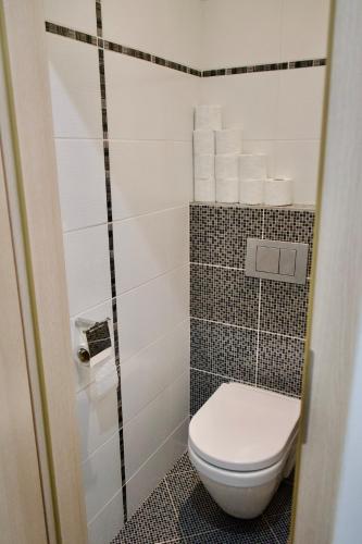 a bathroom with a toilet and a tiled wall at Apartment Vilém in Janske Lazne