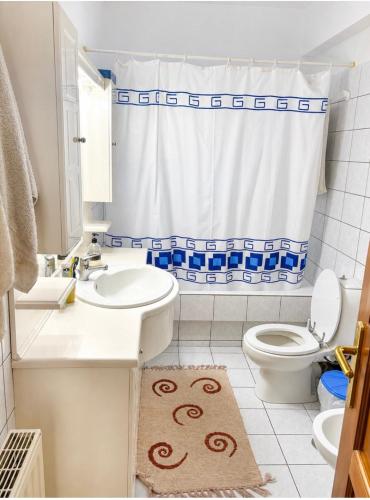 a bathroom with a sink and a toilet and a shower curtain at Villa Theodora 30m from the beach in Egira