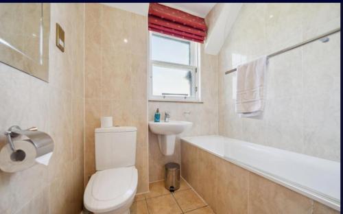 a bathroom with a toilet and a tub and a sink at No 15 Lomond Castle in Balloch
