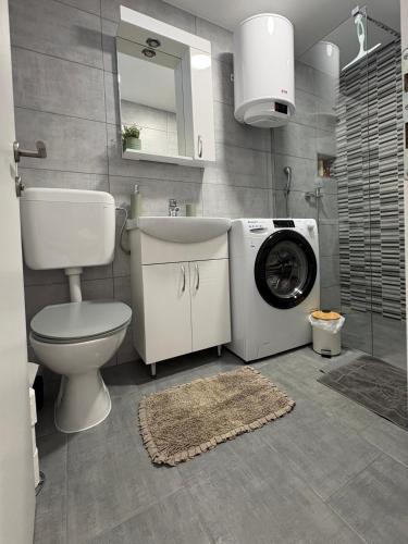 a bathroom with a toilet and a washing machine at Apartman Luka in Vinkovci