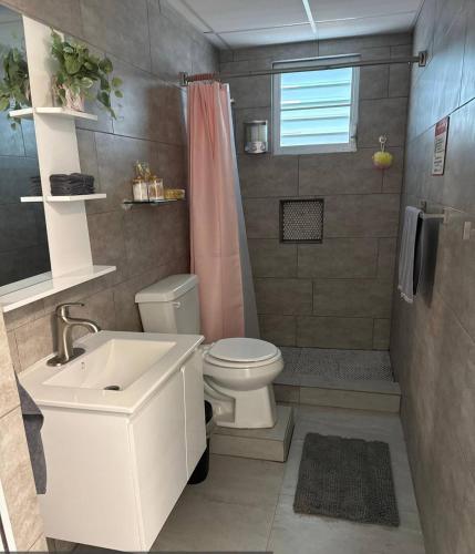 a bathroom with a toilet and a sink and a shower at Armonia Rosada in Cabo Rojo