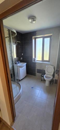 a bathroom with a toilet and a shower and a sink at Къща за гости ЧЕРИ in Tryavna