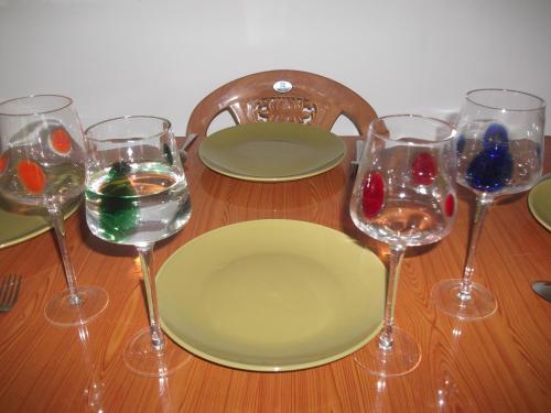 a table with wine glasses and a plate on it at Wishwa Villa in Weligama