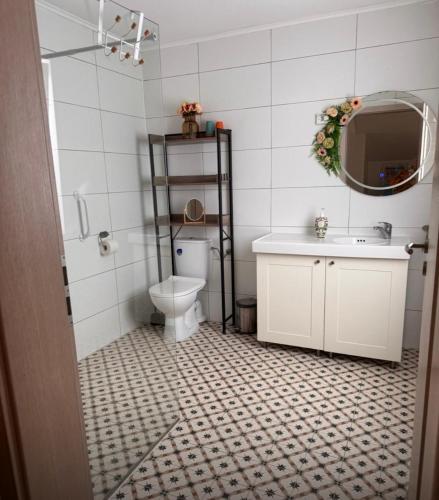 a bathroom with a toilet and a sink and a mirror at Ferienhaus Evelina in Steinheim