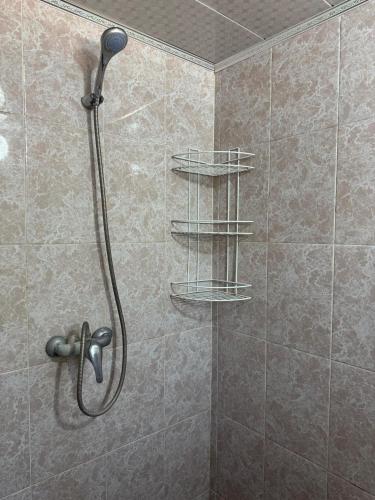 a shower with a shower head and shelves in a bathroom at Meerim Guest House in Bokonbayevo