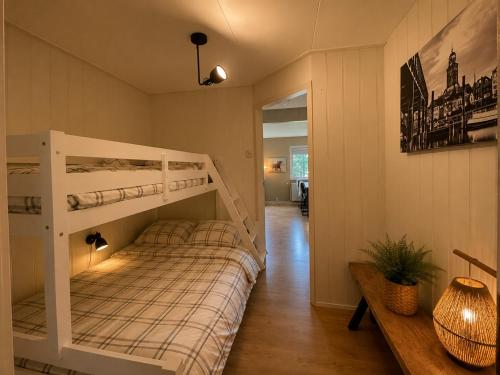 a bedroom with a bunk bed and a desk at Woonboerderij Markelo in Markelo