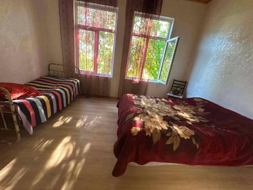 a bedroom with two beds and two windows at Cozy home racha in Ambrolauri