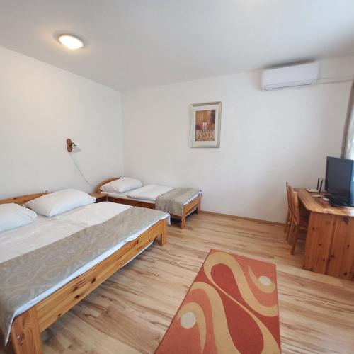 a room with two beds and a television in it at Anna Vendégház Tarcal in Tarcal