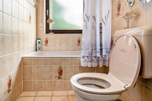 a bathroom with a toilet and a bath tub at Ferienwohnung Schnucki Lautenthal in Lautenthal
