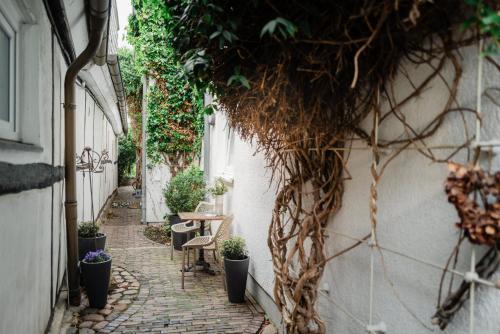 a small alley with a table and potted plants at MAISON ART Appartements - Objekt 94080 in Warnemünde