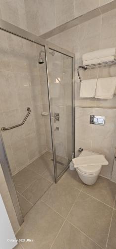 a bathroom with a shower and a toilet at Gazipasa Star Otel in Side