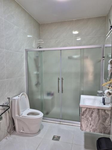 a bathroom with a shower and a toilet and a sink at Heart of Jerash in Jerash