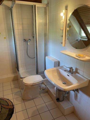 a bathroom with a toilet and a sink and a shower at To Huus bei Hanne 